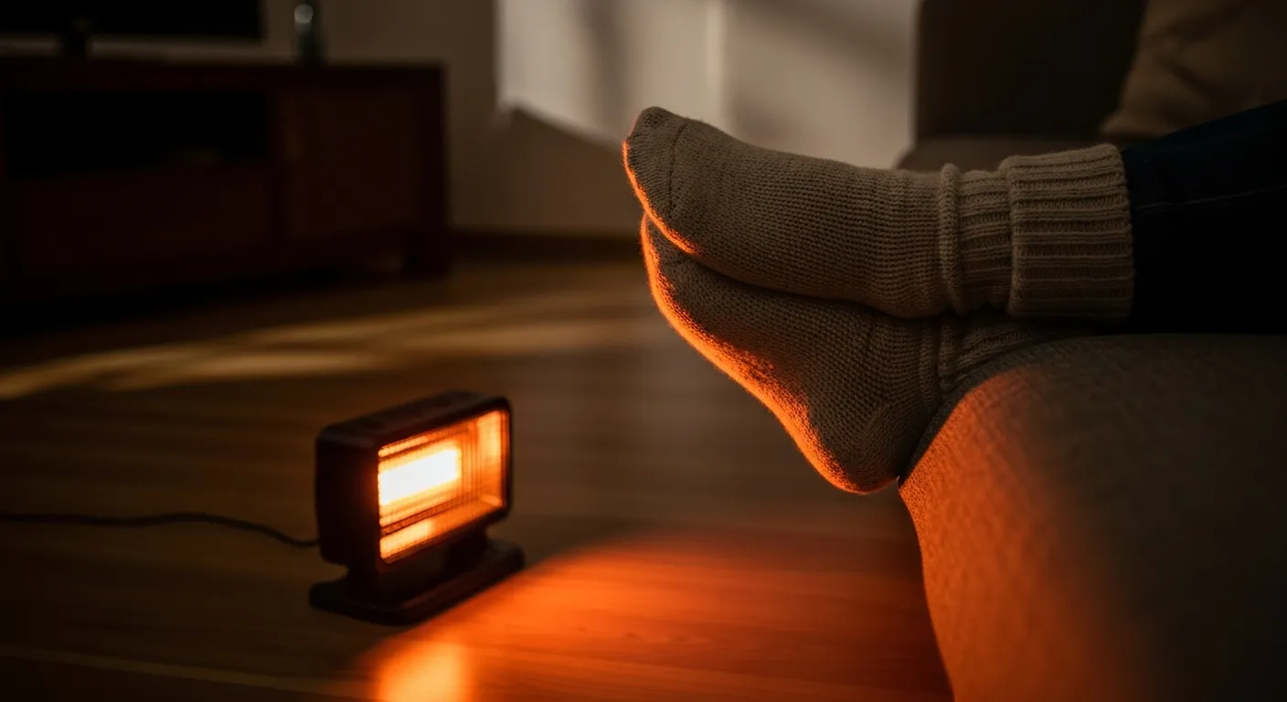Pessoa se aquecendo com aquecedor portátil na sala