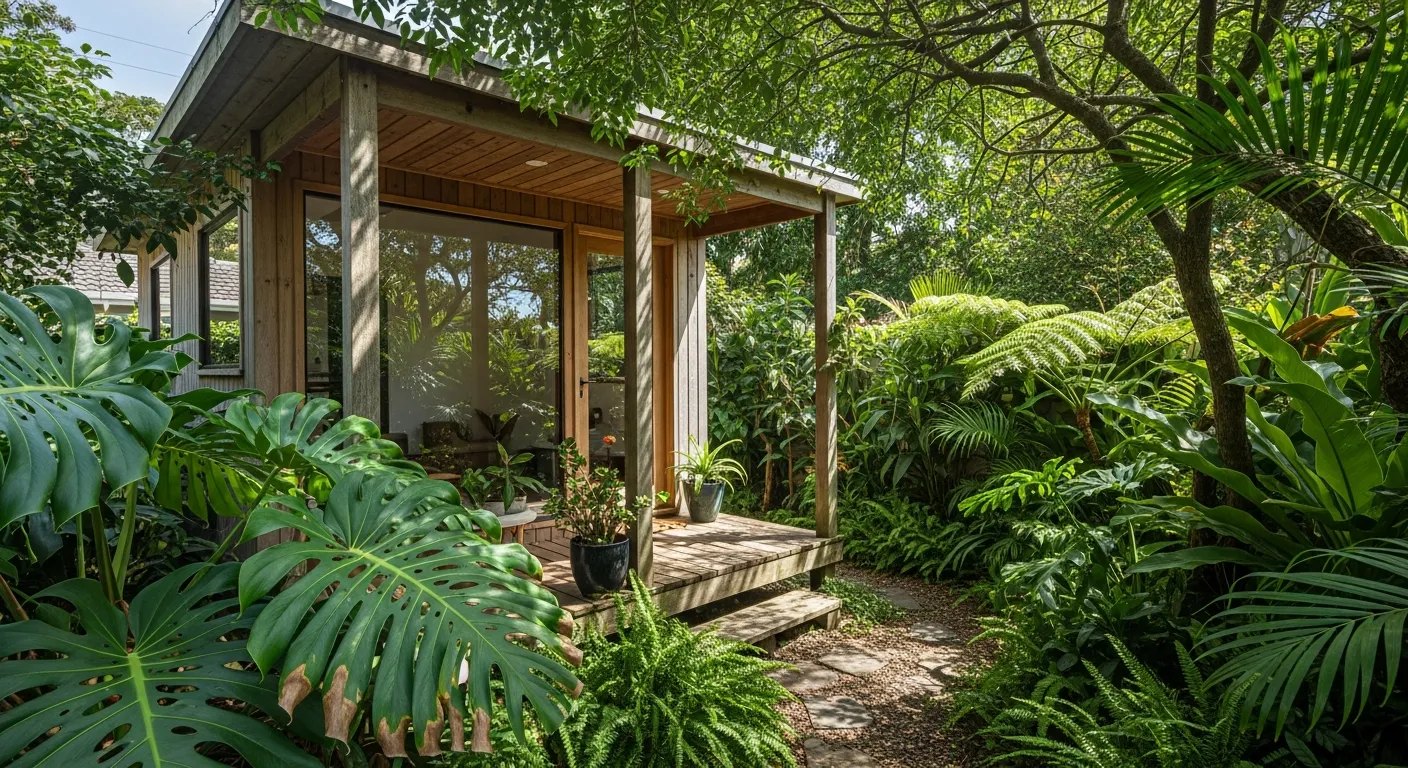 Edícula moderna com varanda de madeira e plantas