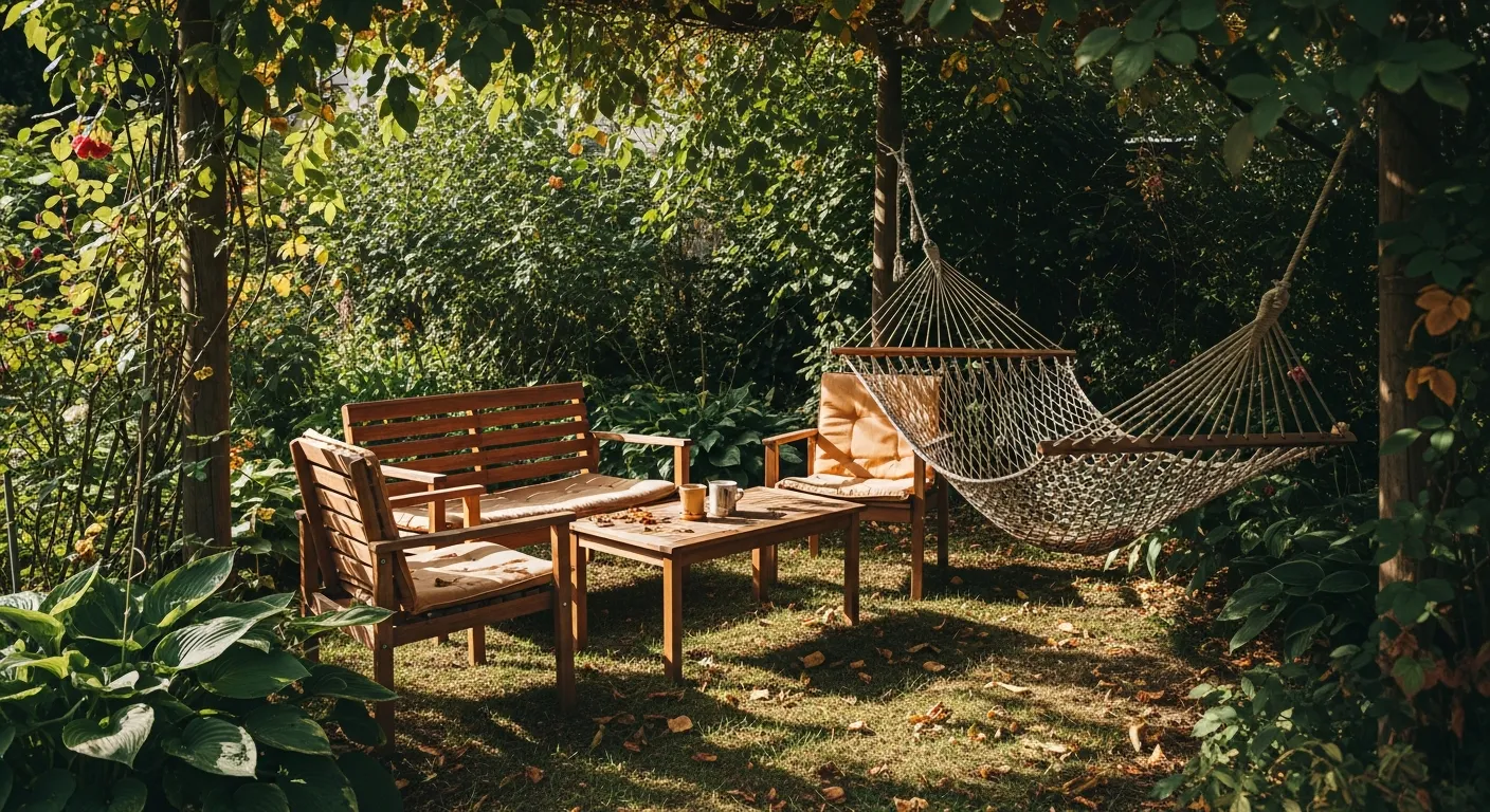 Área de descanso com rede e móveis de madeira