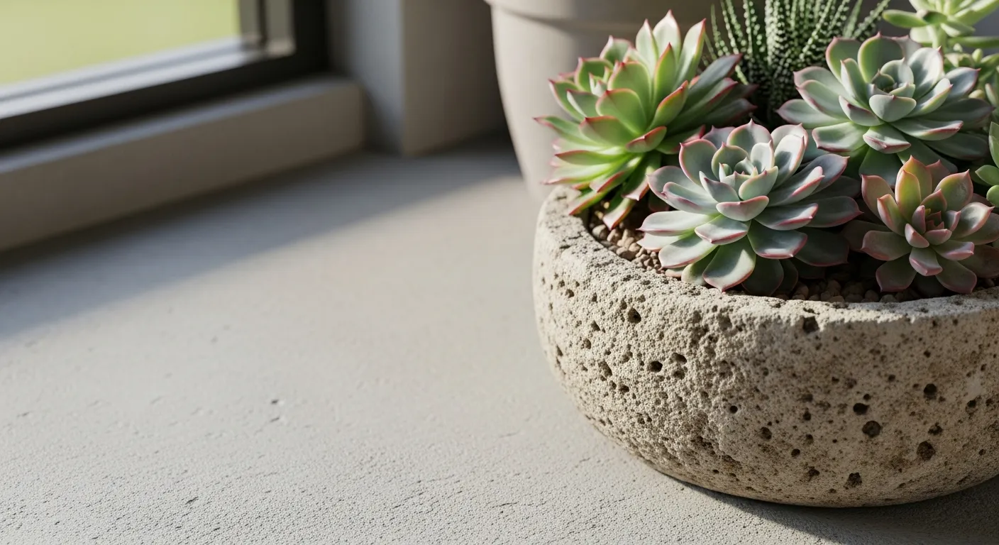 Detalhe de piso de cimento e arranjo de suculentas