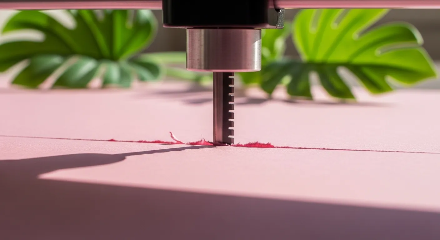 Detalhe de lâmina de plotter cortando papel rosa
