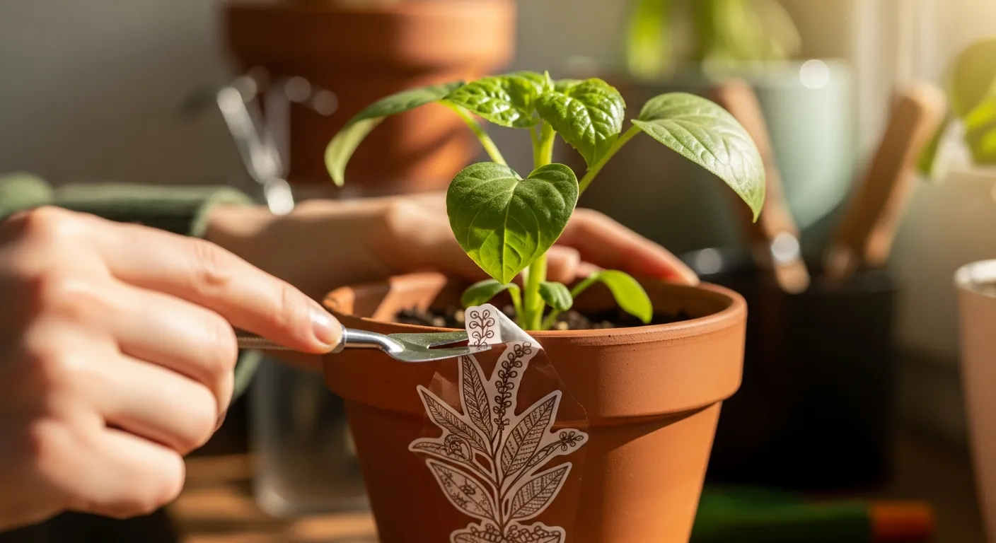 Mãos depilando adesivo de vinil em ambiente iluminado