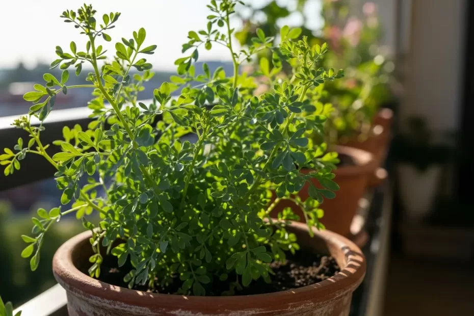 Arruda saudável em vaso de barro no sol