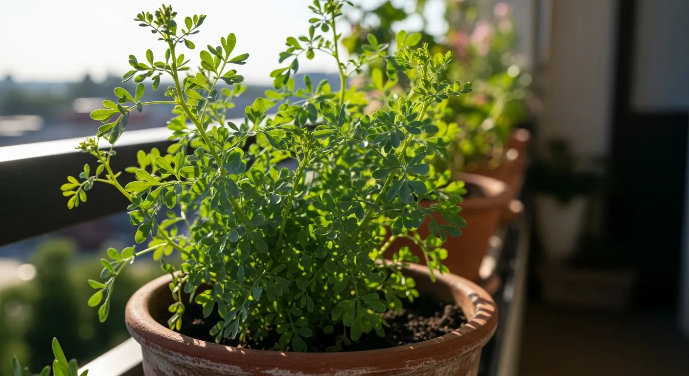 Arruda saudável em vaso de barro no sol