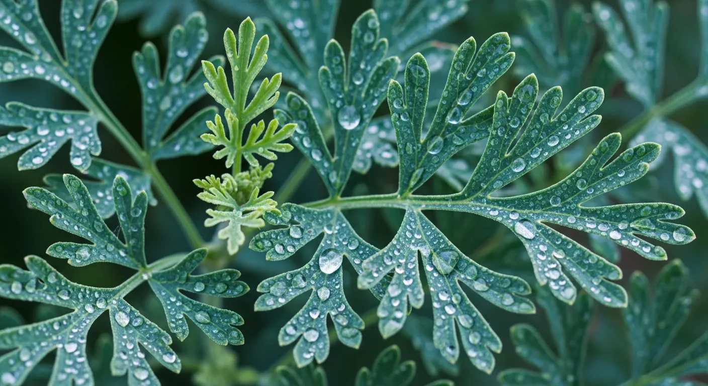 Detalhe das folhas de arruda com orvalho