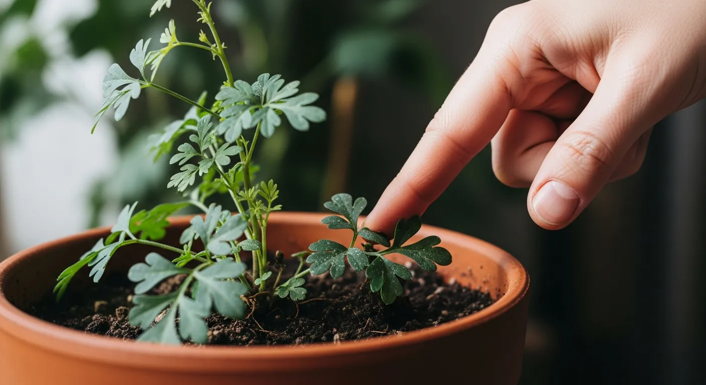 Mão testando a umidade da terra da arruda
