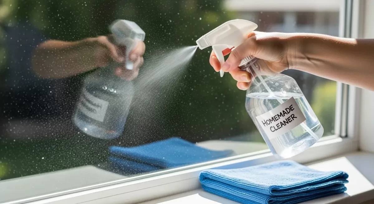 limpeza de janela com borrifador e pano