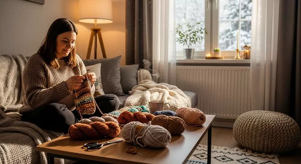 mulher fazendo croche em casa hobby