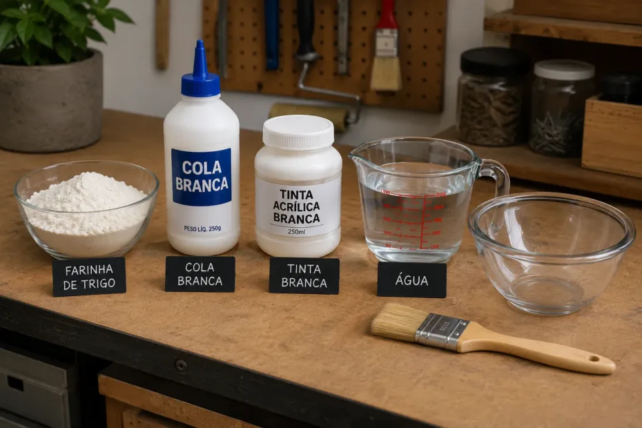 4 ingredientes (farinha, cola branca, tinta branca, água) organizados sobre uma bancada