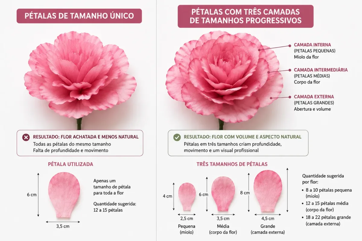 Foto comparativa lado a lado — flor com pétalas de tamanho único vs. flor com três camadas