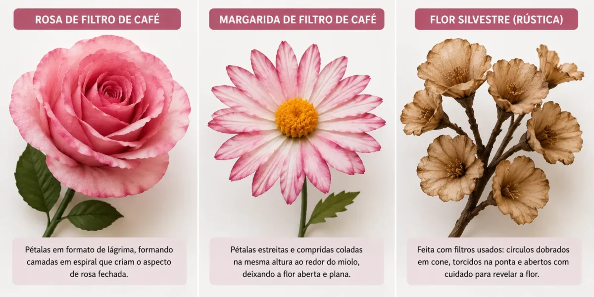 Grid 3×1 mostrando os três modelos de flores de filtro de café