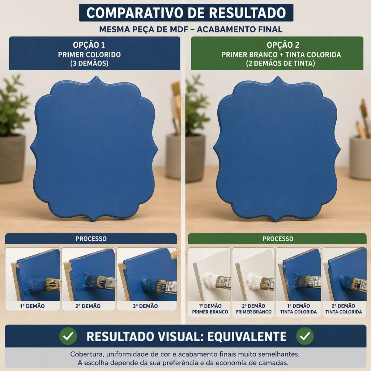 MDF com primer colorido em 3 demãos vs. primer branco + 2 demãos de tinta colorida