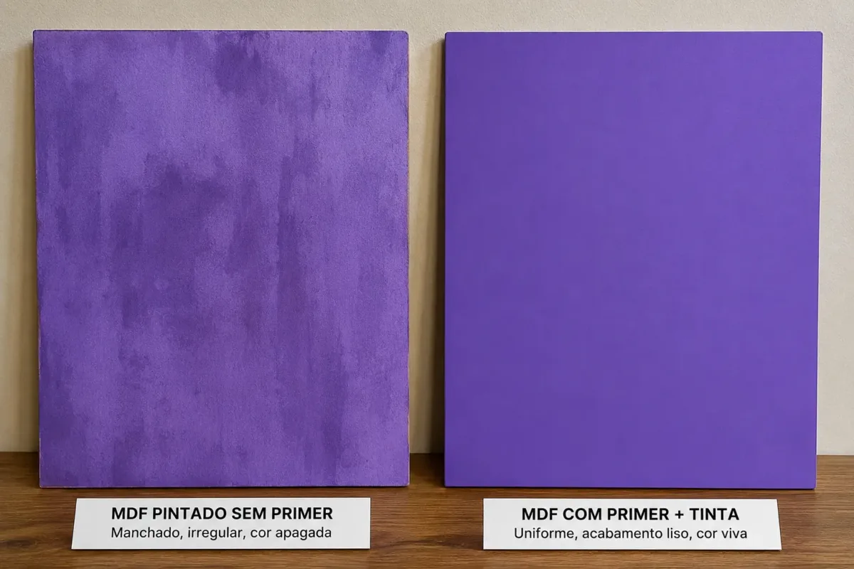 MDF pintado sem primer (manchado, irregular) vs. MDF com primer + tinta (uniforme, cor viva).