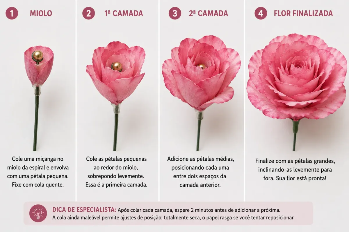 Sequência de 4 quadros mostrando a montagem em camadas — miolo, 1ª camada, 2ª camada e flor finalizada