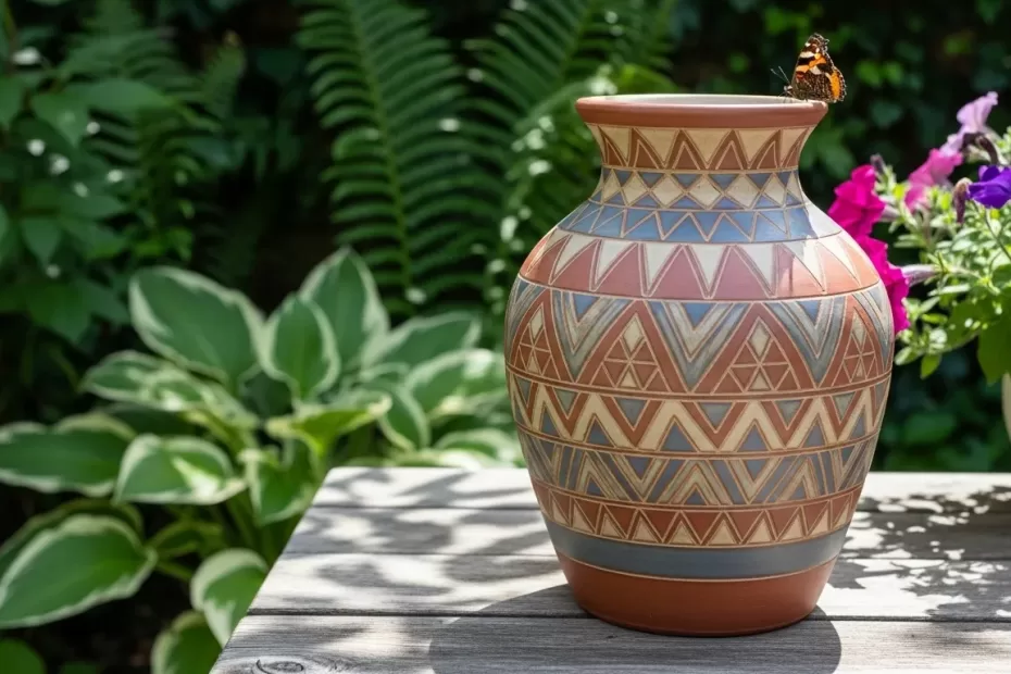 Vaso de cerâmica artesanal com padrões geométricos de grafismo em um ambiente de jardim caseiro.