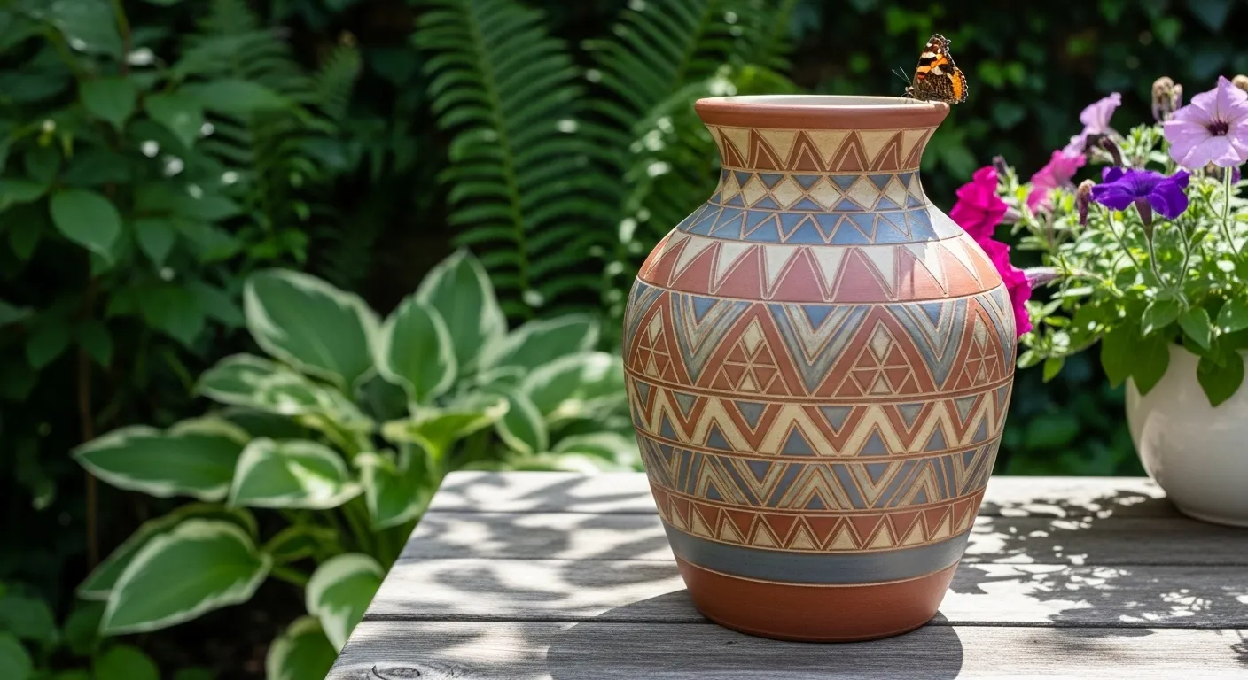 Vaso de cerâmica artesanal com padrões geométricos de grafismo em um ambiente de jardim caseiro.