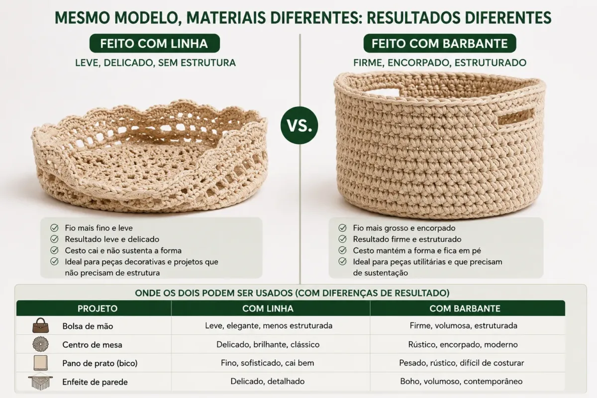 comparativo fotográfico do mesmo modelo de cesto feito com linha e barbante