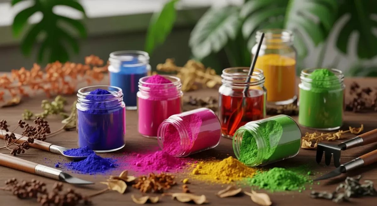 Pigmentos coloridos em pó e líquido em mesa de artesanato