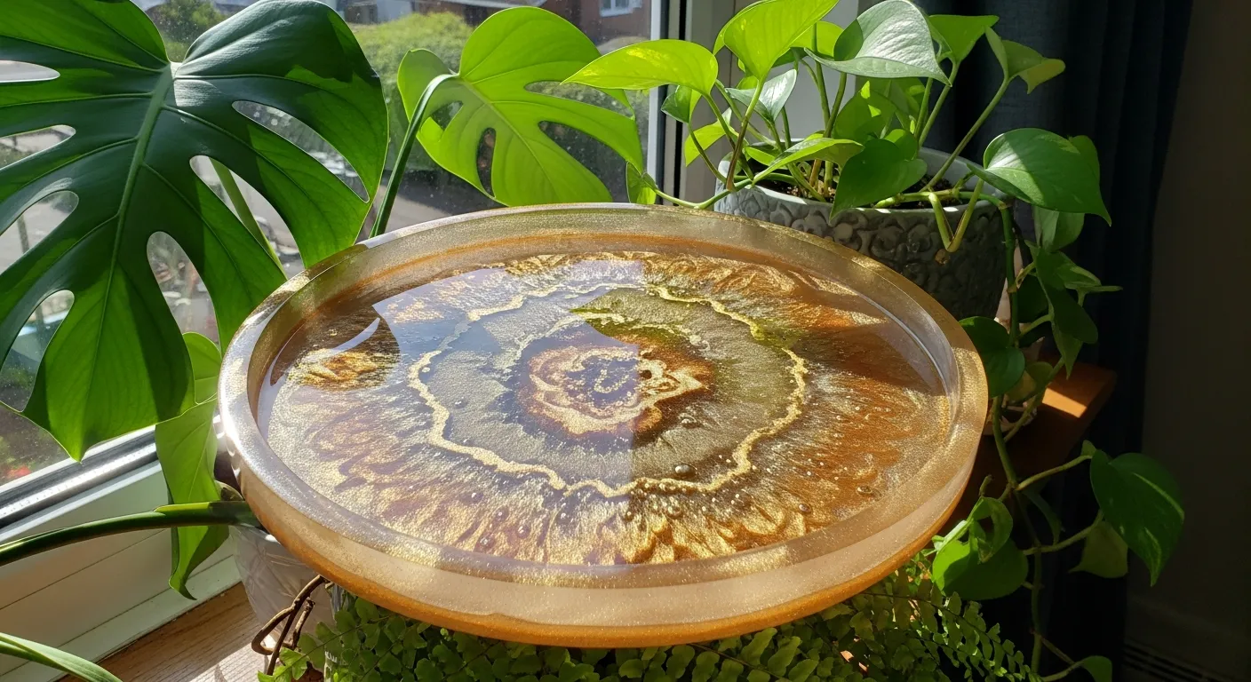 Bandeja de resina com efeito metálico entre plantas