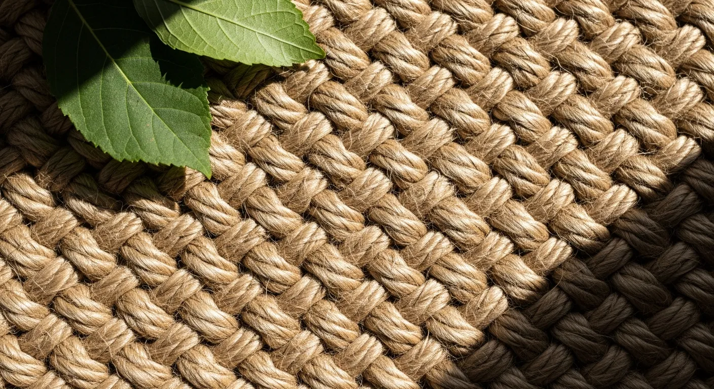 Close-up da textura de um tapete de barbante de crochê em uma varanda ensolarada.