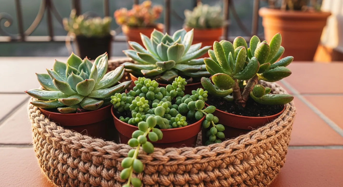 Cesto de barbante artesanal servindo de suporte para vasos de suculentas em um terraço.