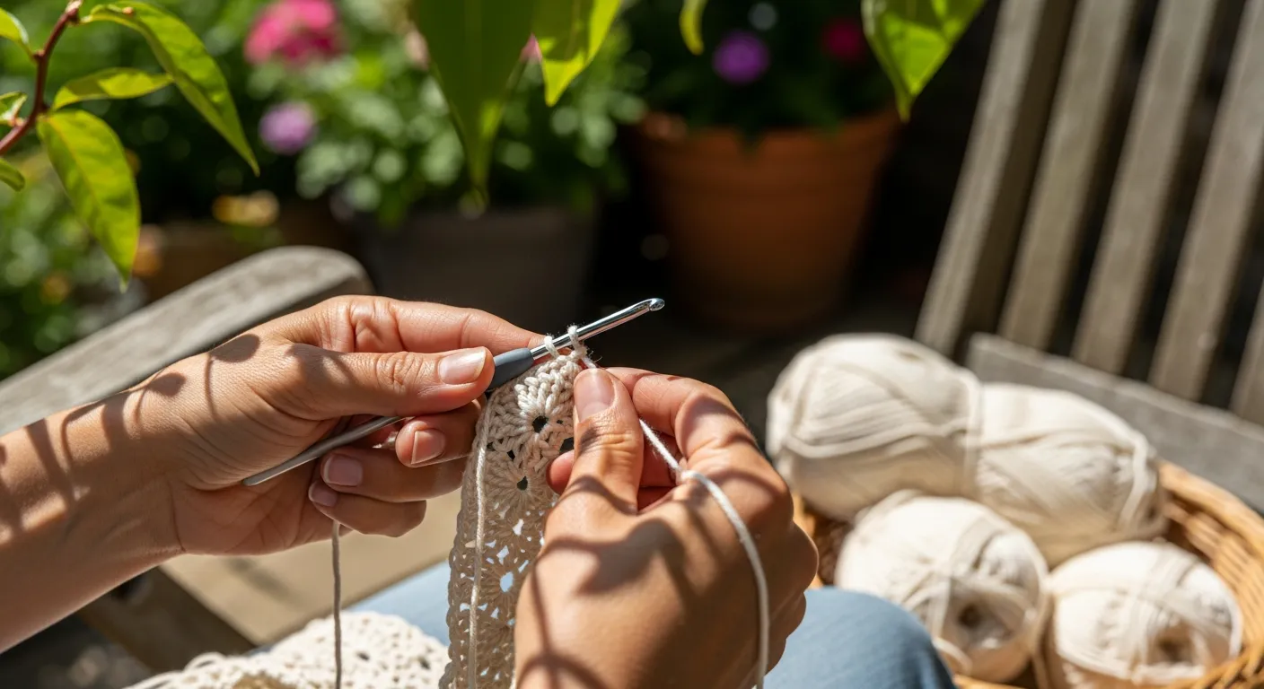 Mãos de artesã fazendo crochê com linha de algodão em uma cadeira de jardim.