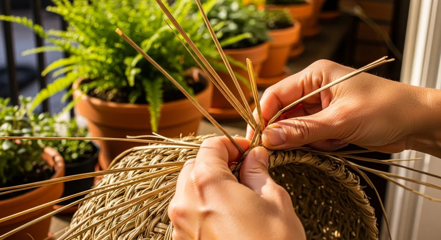 Close nas mãos tecendo um cesto de fibra natural em uma varanda com plantas.