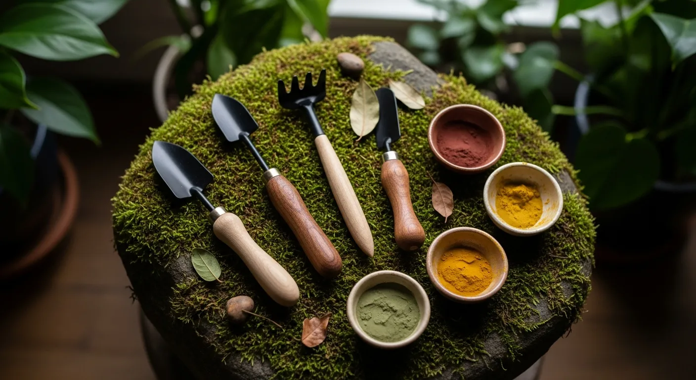 Ferramentas de artesanato em madeira e pigmentos naturais em um canto de plantas interno.