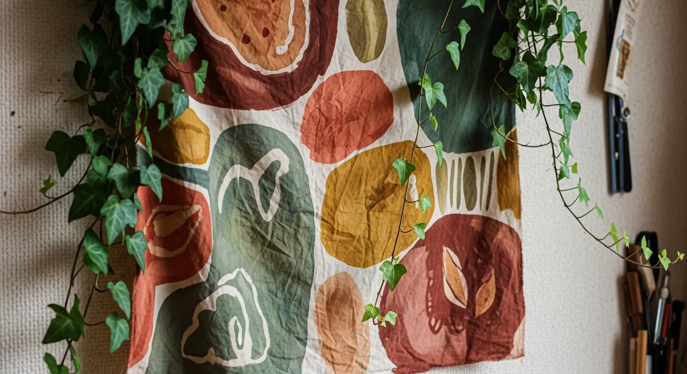 Tecido pintado à mão com tons terrosos pendurado em uma parede com hera.