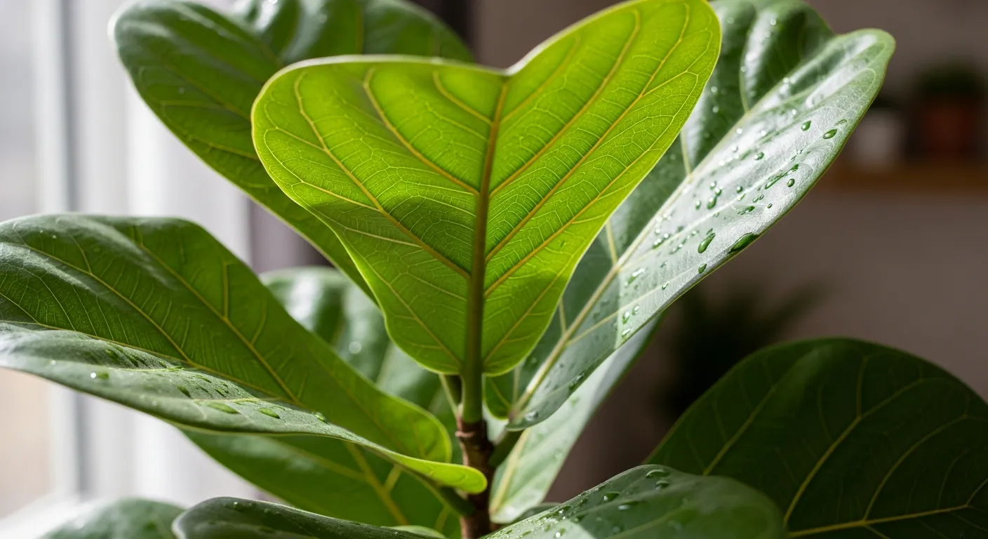 Detalhe das folhas verdes e texturizadas de uma Ficus Lira dentro de casa.