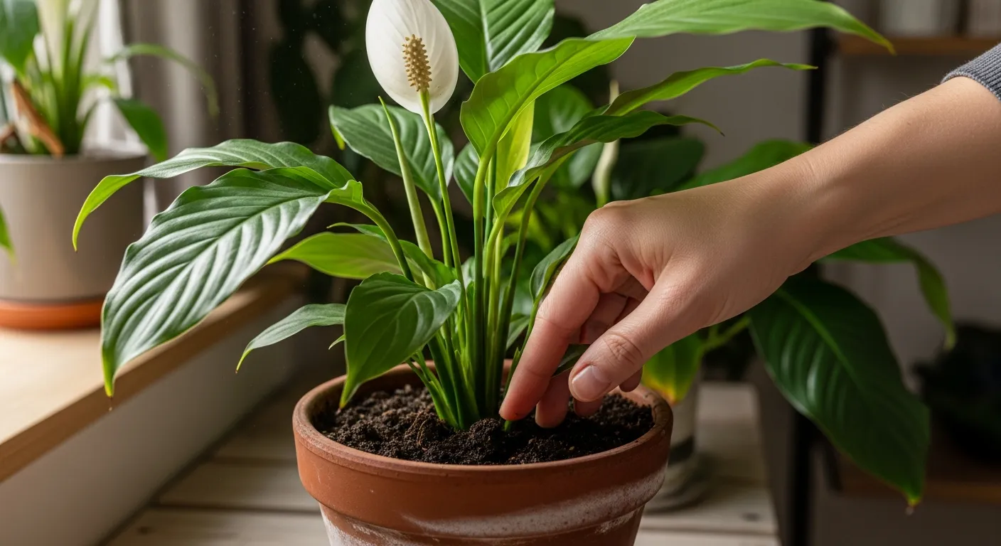 Mão testando a umidade do solo de um Lírio da Paz em um vaso.