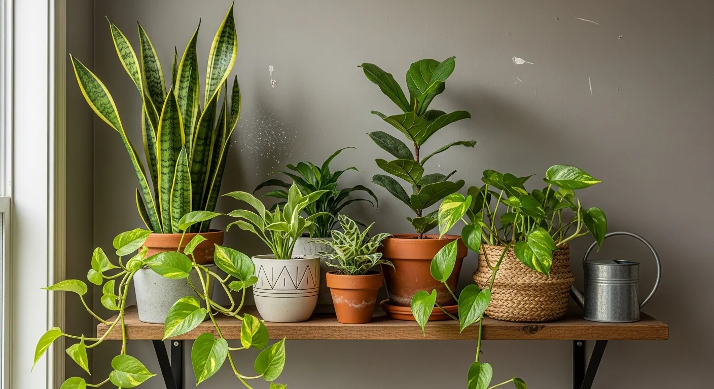 Prateleira com diversas plantas de interior como Espada-de-São-Jorge e Jiboia decorando a sala.