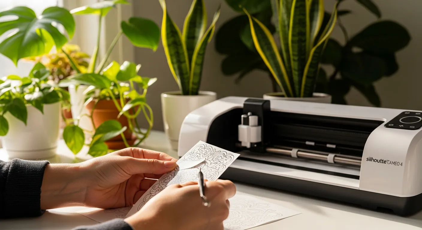 Mãos trabalhando em adesivo de vinil perto de uma Silhouette Cameo 4