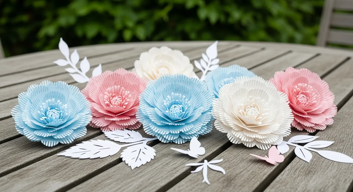 Flores de papel detalhadas cortadas por Silhouette em mesa de jardim