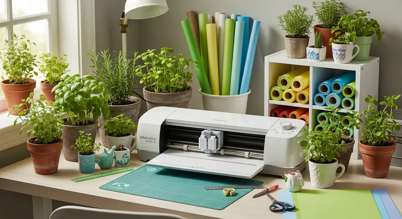 Espaço de artesanato compacto com Silhouette Portrait 4 e vasos de ervas