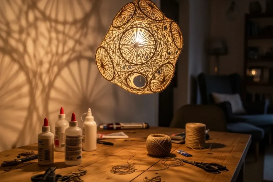 Luminária de barbante artesanal pendurada em sala aconchegante com luz quente