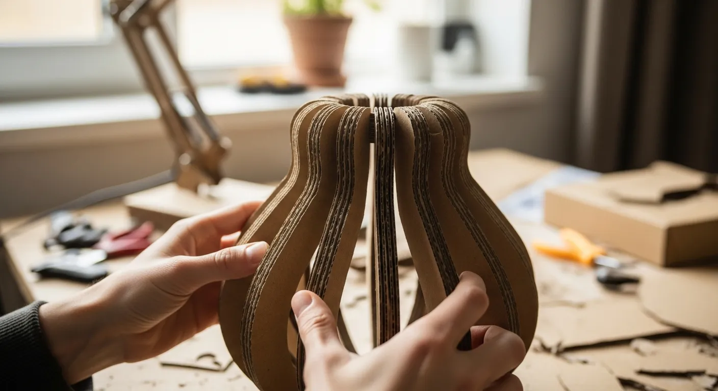 Mãos montando luminária de papelão artesanal em mesa de trabalho