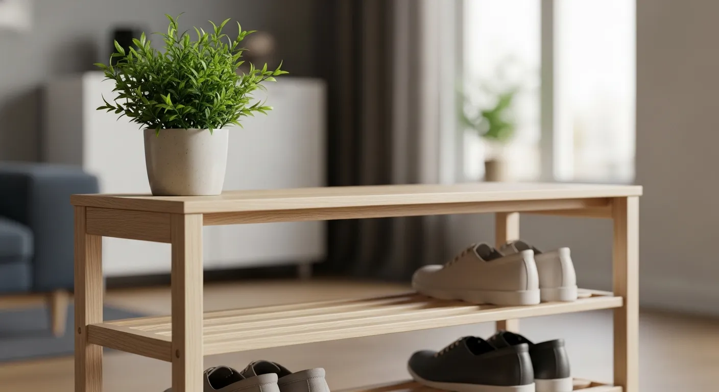 Decoração de sapateira escandinava com planta purificadora de ar.