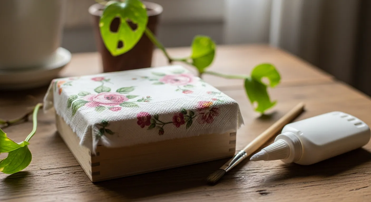 Caixa de madeira com decoupage vintage floral em uma mesa rústica com luz natural.