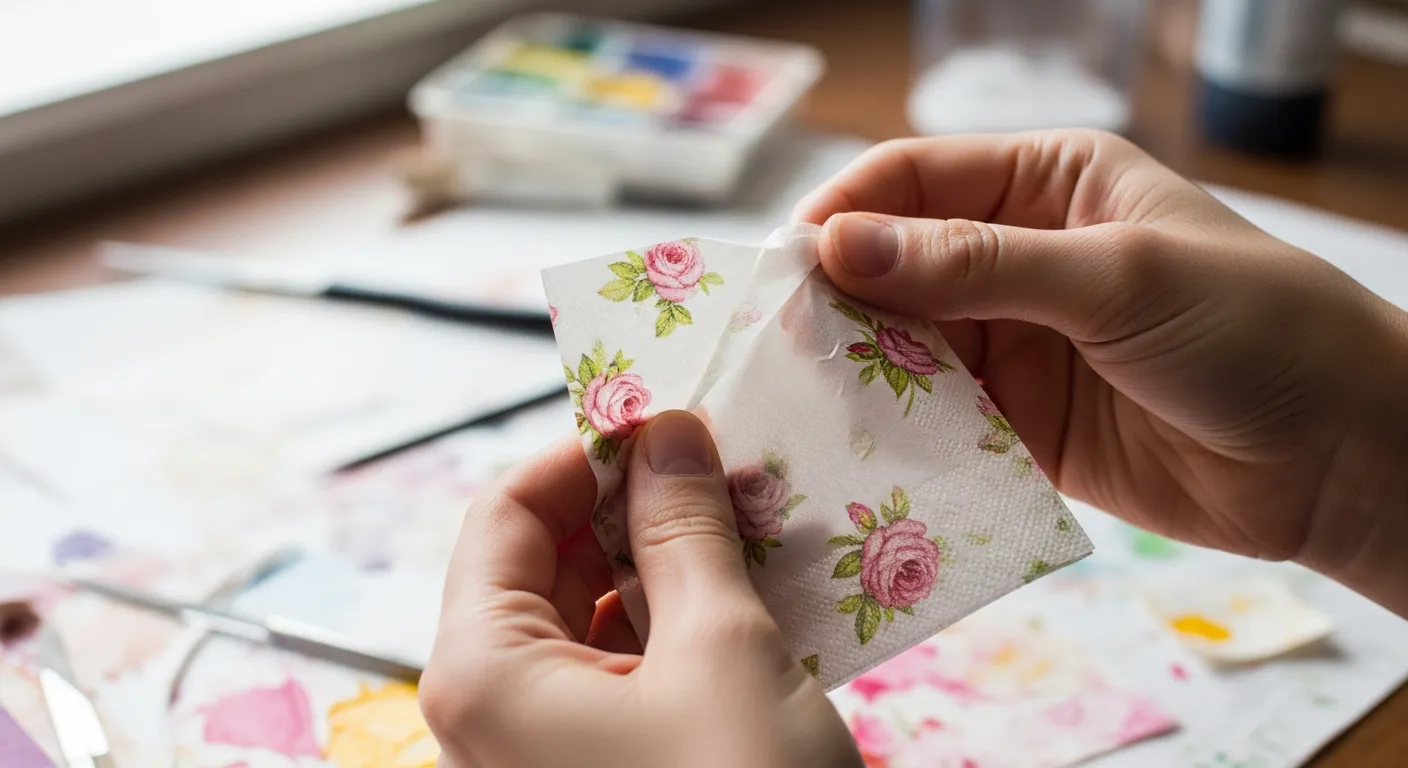 Mãos artesãs retirando as camadas de um guardanapo de papel vintage para decoupage.