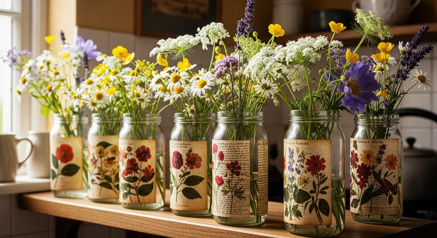 Potes de vidro decorados com decoupage botânica vintage servindo como vasos de flores.