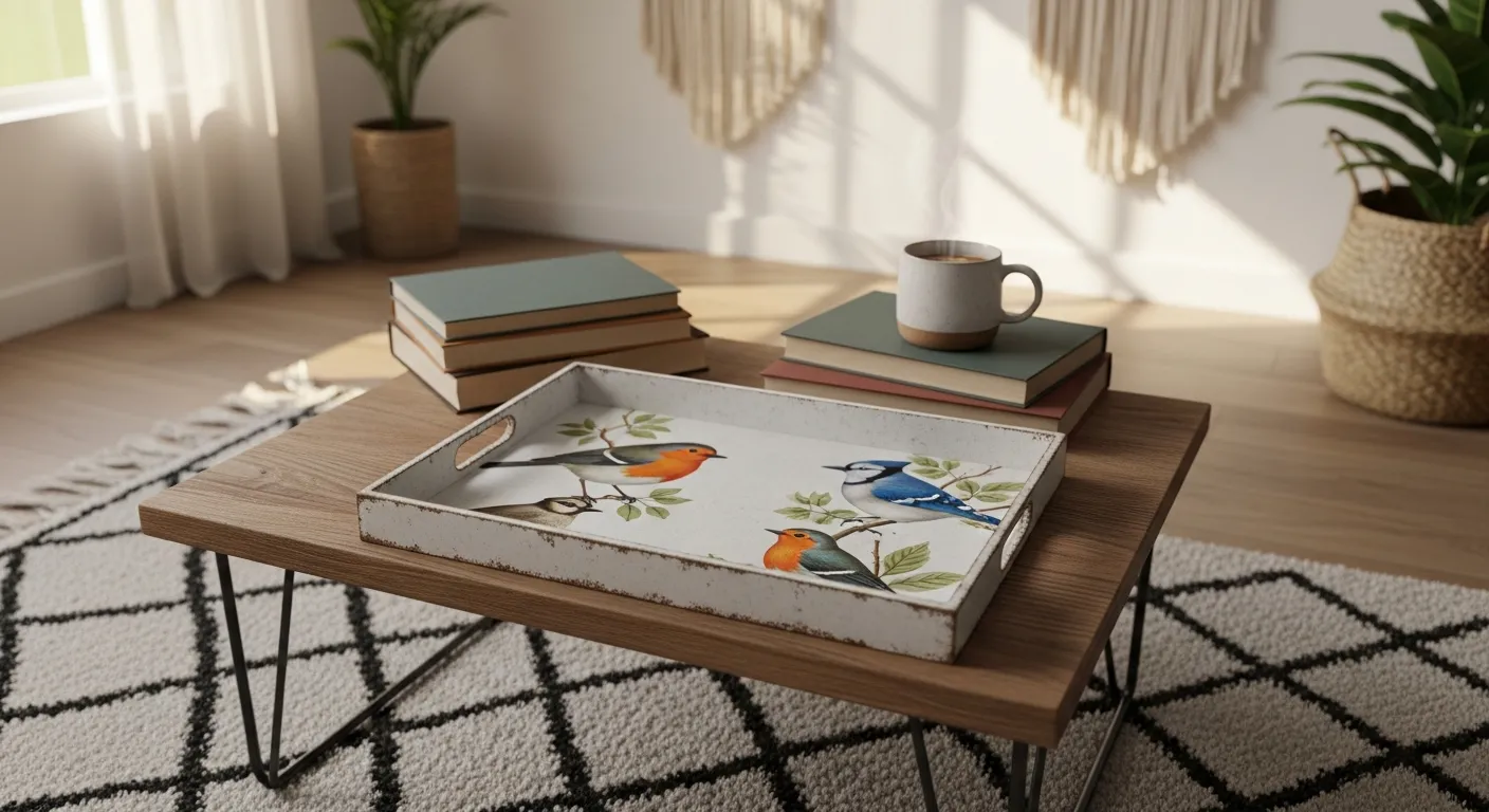 Bandeja decorativa com estampa de pássaros vintage em uma sala de estar estilo boho-chic.