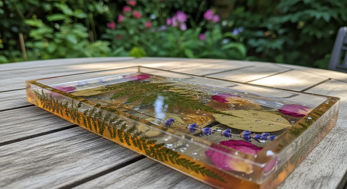 Bandeja de resina artesanal com flores secas para presente de Dia das Mães