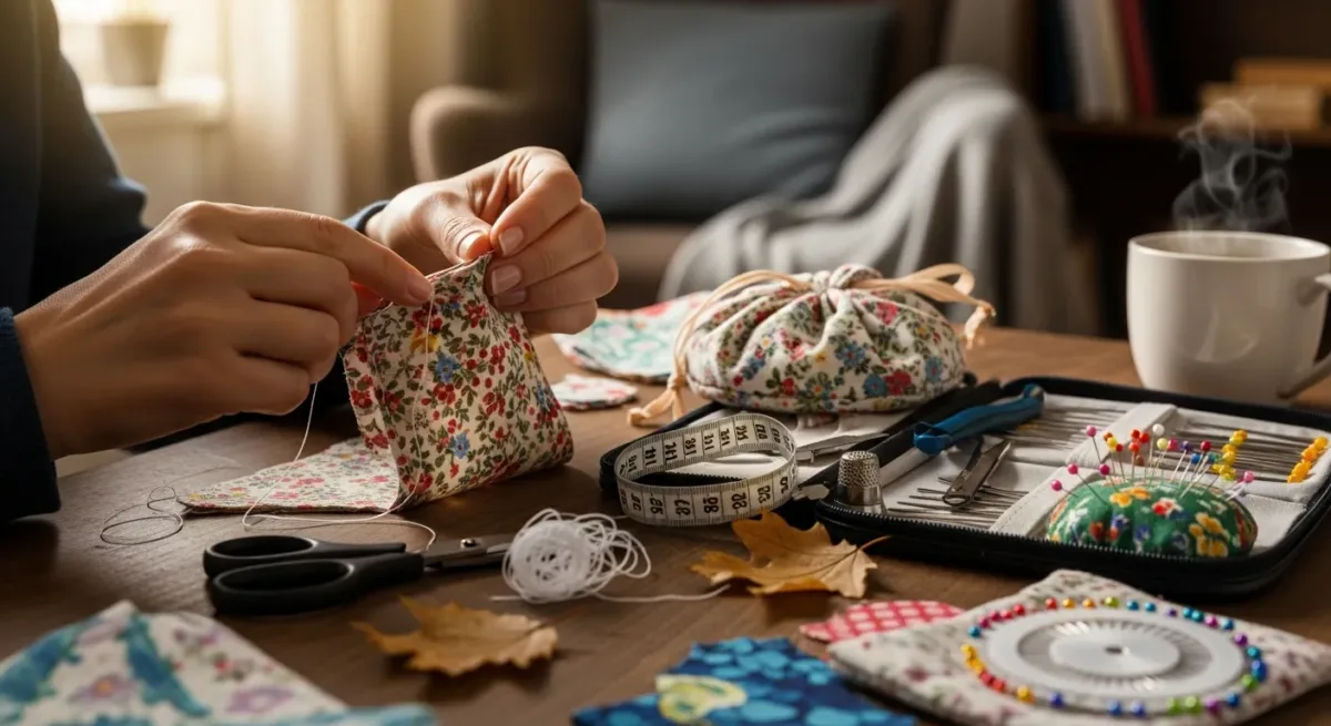 Mãos artesãs criando presente de costura criativa