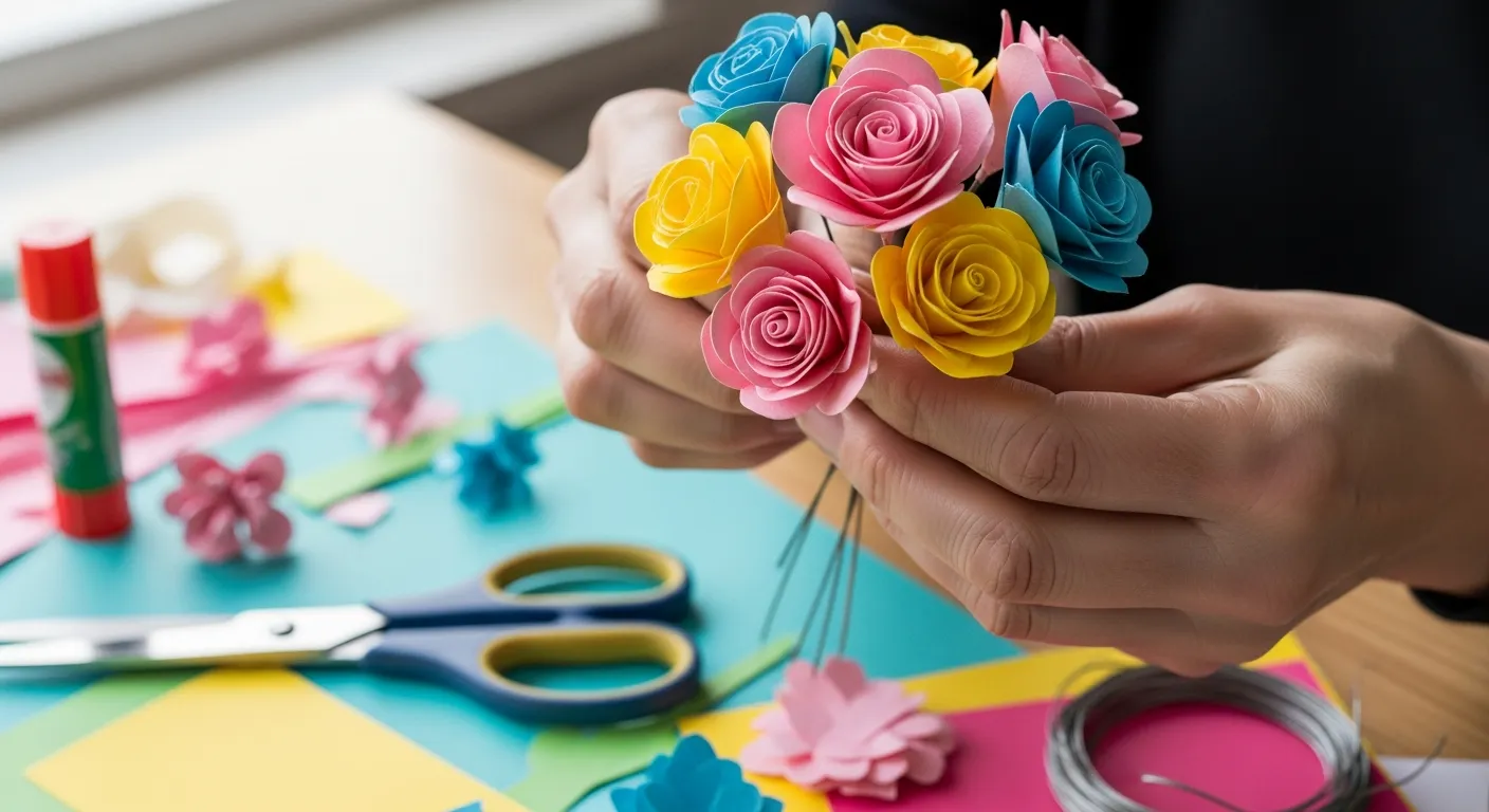 Mãos artesãs montando flores de papel para presente de Dia das Mães
