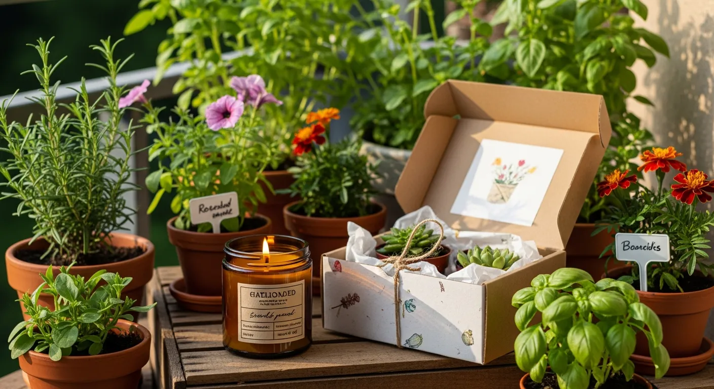 Vela artesanal e caixa de presente em um canto aconchegante de varanda