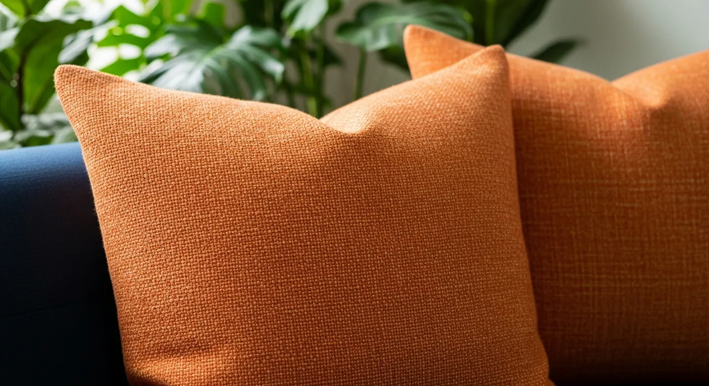 Detalhe de almofadas laranjas em um sofá azul marinho com texturas de linho e plantas ao fundo.