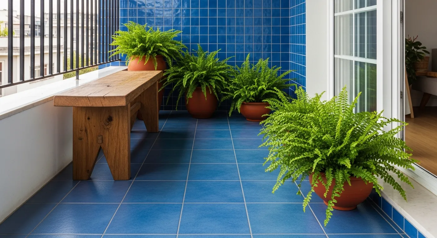 Varanda moderna com azulejos azuis, vasos de barro com samambaias e banco de madeira rústica.