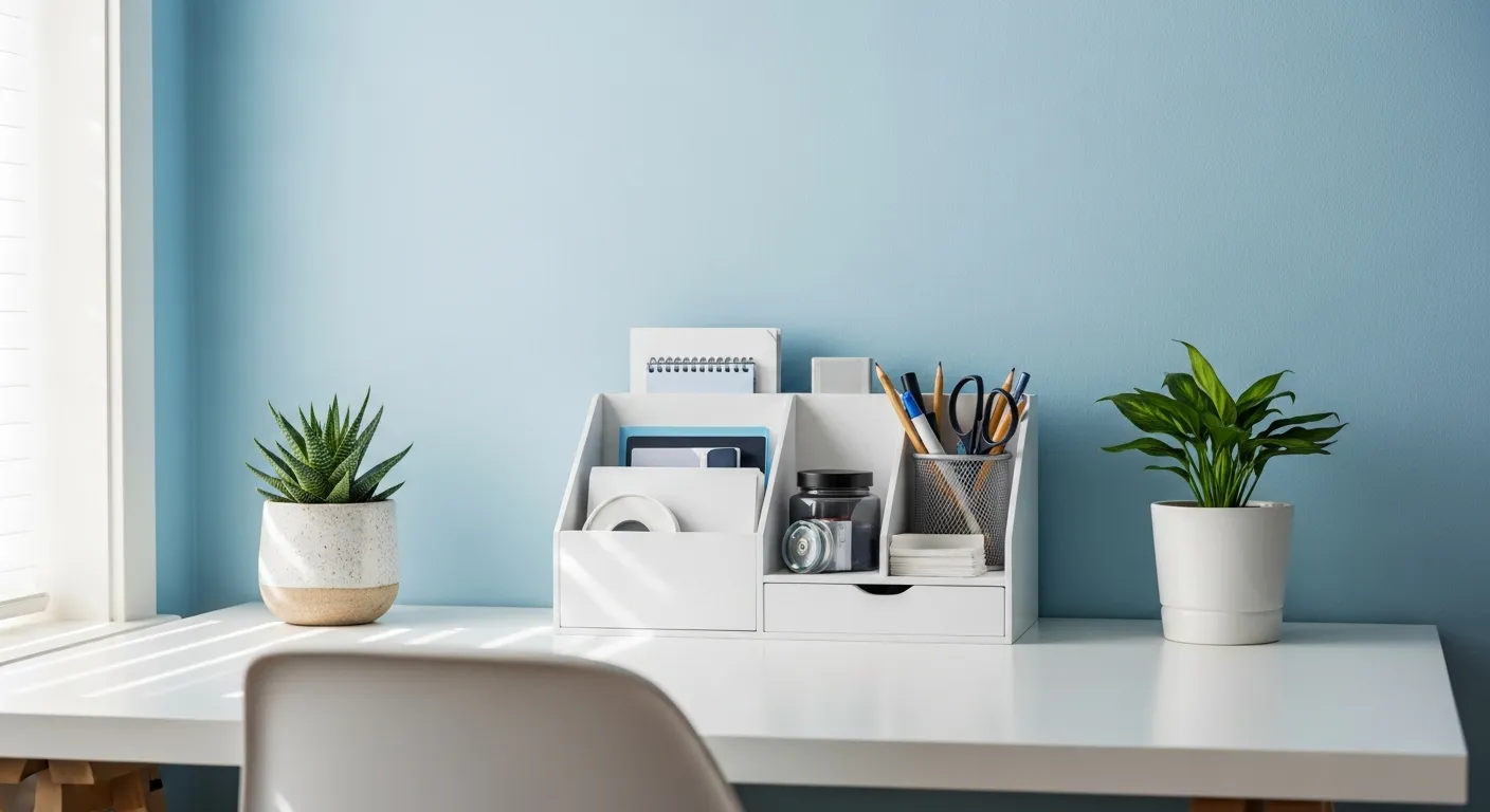 Mesa de home office com parede azul claro, organizador branco e uma pequena suculenta sob luz suave.