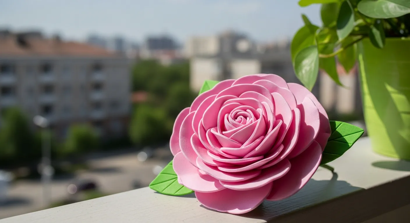 Flor de EVA 3D com sombreamento artístico ao lado de um vaso de planta.